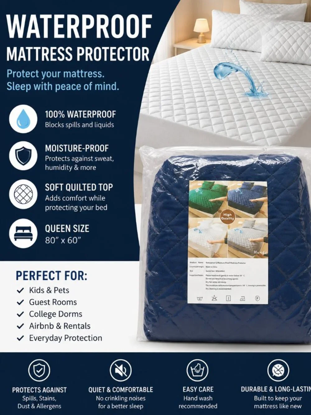 Waterproof Queen Mattress Protector Quilted Mattress Pad Cover Navy Blue NWT